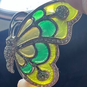 Vtg Butterfly‎ Brooch Pin Rhinestone Stained Glass Style Green Brown Yellow READ